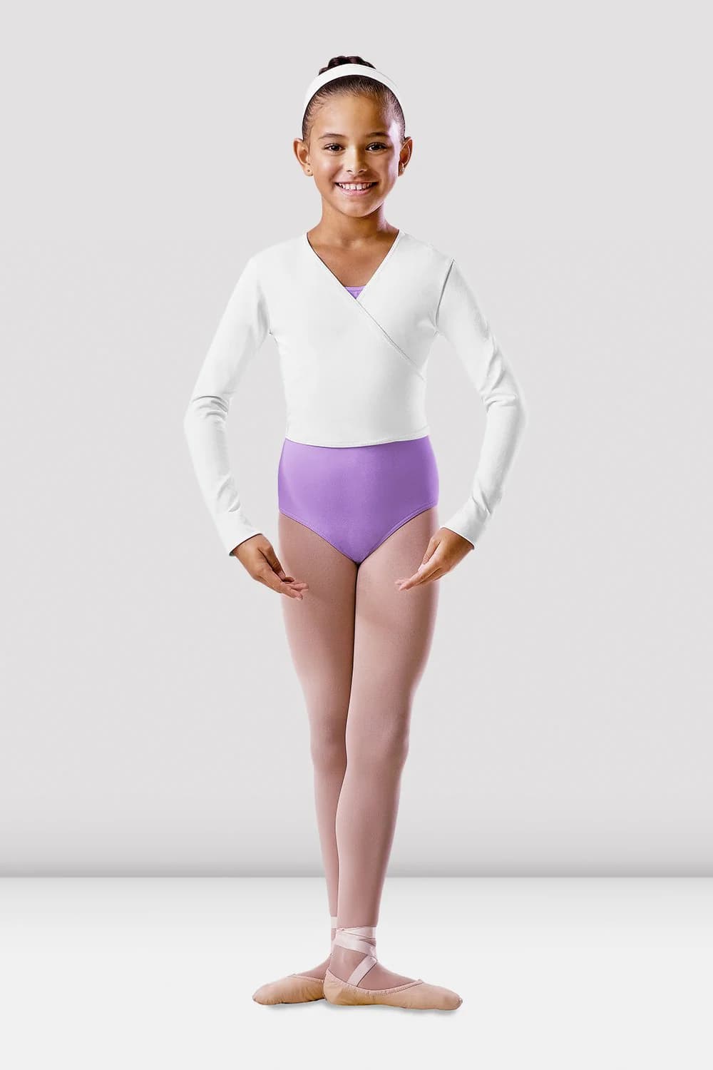 Top da danza Bloch BU501C-B bianco incrociato sul davanti a maniche lunghe per bambine