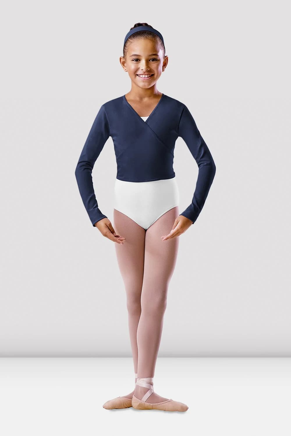 Top da danza Bloch BU501C-BLN blu navy incrociato sul davanti a maniche lunghe per bambine